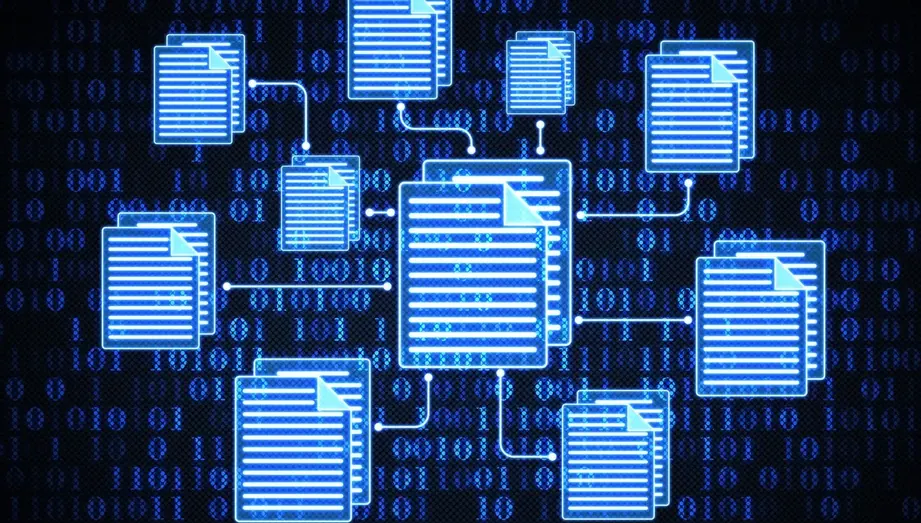 Ilustração de documentos digitais conectados sobre fundo de código binário