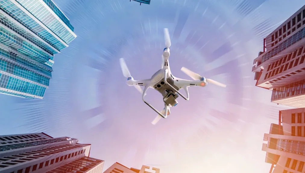 Drone sobrevoando prédios envidraçados vistos de baixo