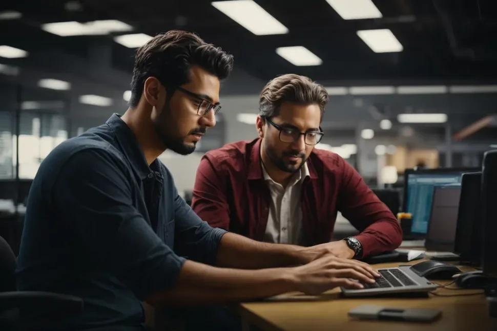 Dois profissionais analisando código em monitores no escritório